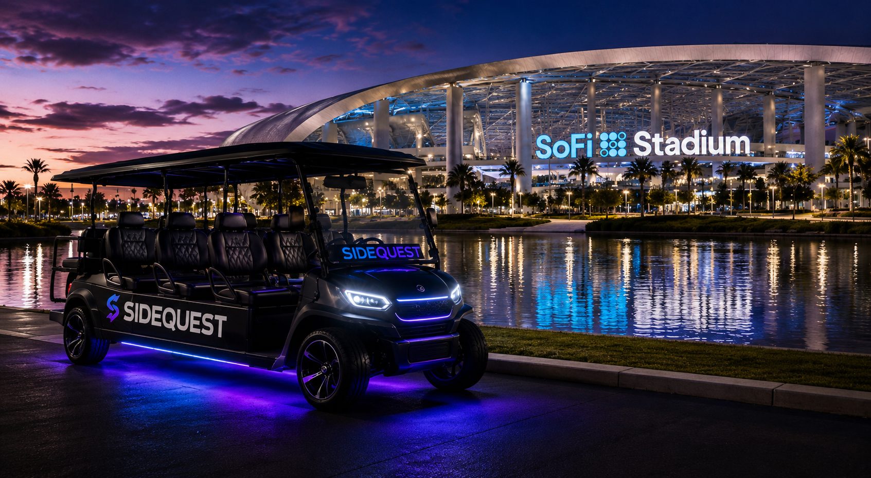 SideQuest premium 6-seat golf cart with purple underglow parked outside SoFi Stadium at dusk